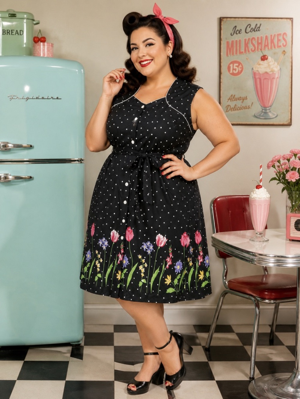 VINTAGE NWT 90s Black Polka Dot Floral Plus Size Dress Contrast Piping Tie belt